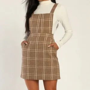 NWT Lulu's Plaid to Be Yours Beige and Brown Plaid Pinafore Mini Dress‎