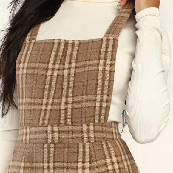 NWT Lulu's Plaid to Be Yours Beige and Brown Plaid Pinafore Mini Dress‎
