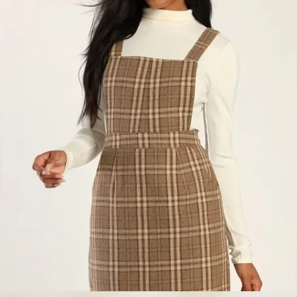 NWT Lulu's Plaid to Be Yours Beige and Brown Plaid Pinafore Mini Dress‎