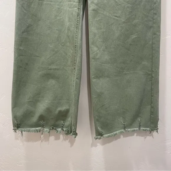 NWT Risen Olive Green High Rise Wide Jeans RDP5383 Raw Hem Size Women 15/32