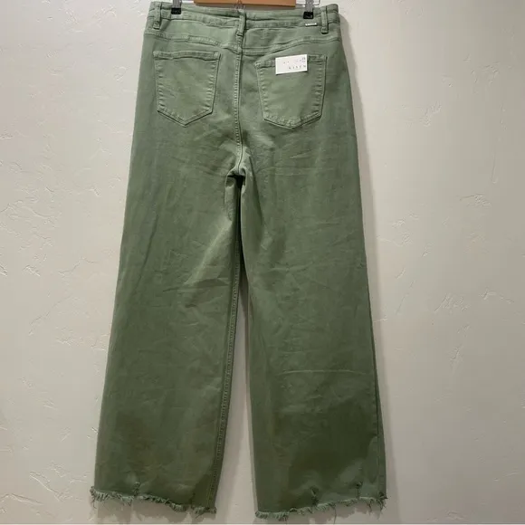 NWT Risen Olive Green High Rise Wide Jeans RDP5383 Raw Hem Size Women 15/32