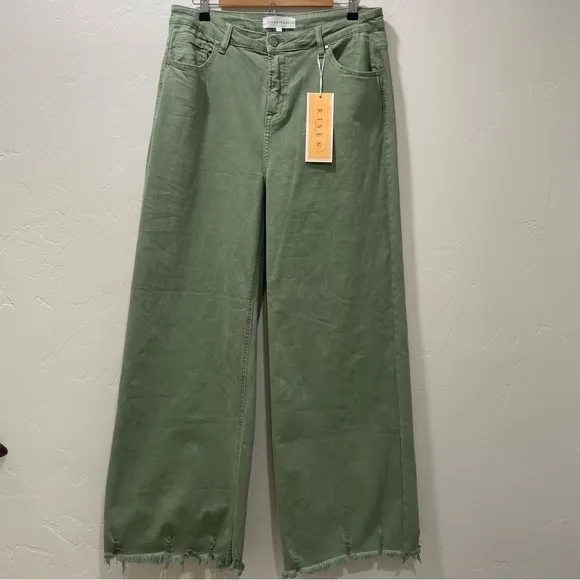 NWT Risen Olive Green High Rise Wide Jeans RDP5383 Raw Hem Size Women 15/32