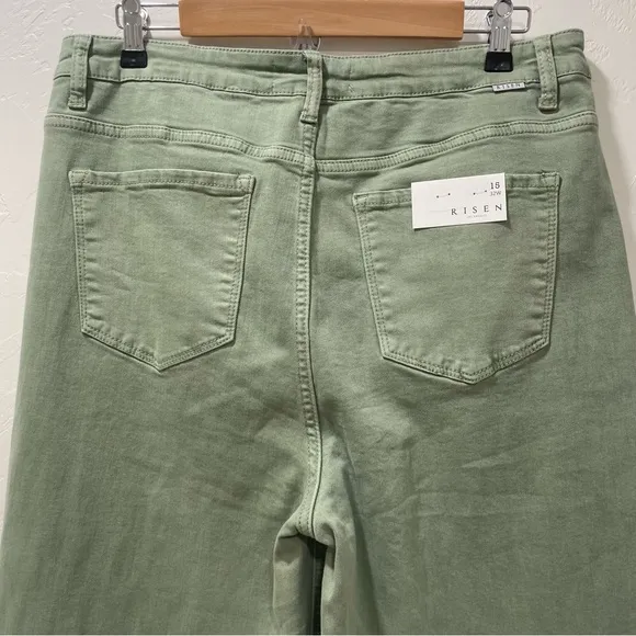 NWT Risen Olive Green High Rise Wide Jeans RDP5383 Raw Hem Size Women 15/32