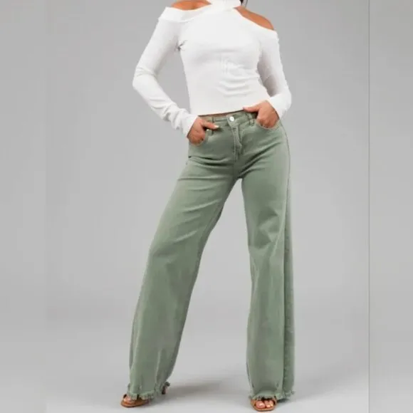 NWT Risen Olive Green High Rise Wide Jeans RDP5383 Raw Hem Size Women 15/32