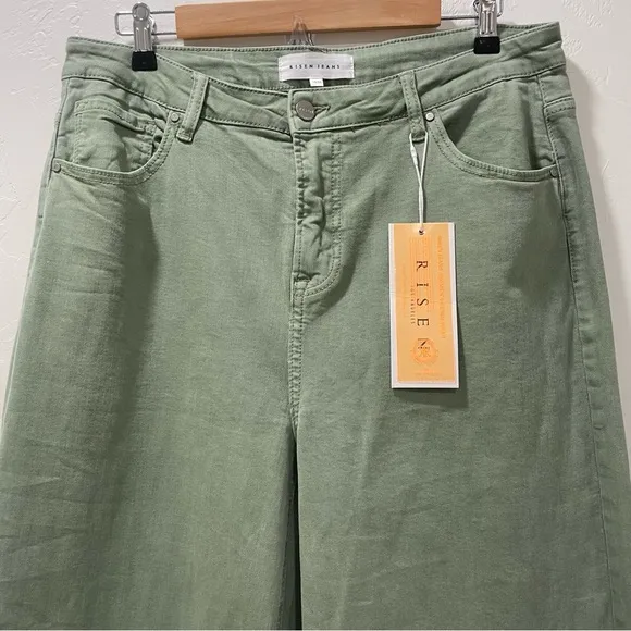NWT Risen Olive Green High Rise Wide Jeans RDP5383 Raw Hem Size Women 15/32