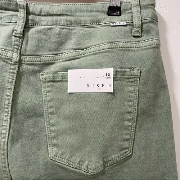 NWT Risen Olive Green High Rise Wide Jeans RDP5383 Raw Hem Size Women 15/32