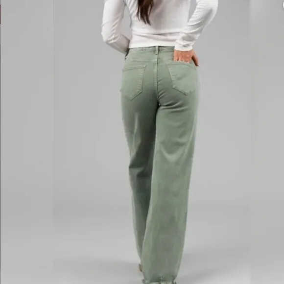 NWT Risen Olive Green High Rise Wide Jeans RDP5383 Raw Hem Size Women 15/32