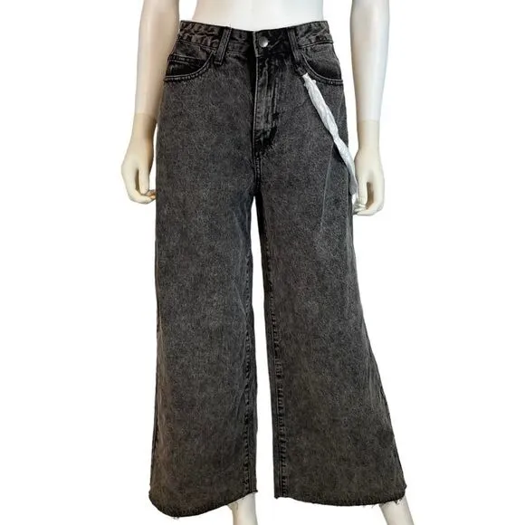 NWT American Bazi Y2K Wide Leg Cropped Denim Jeans Black Small