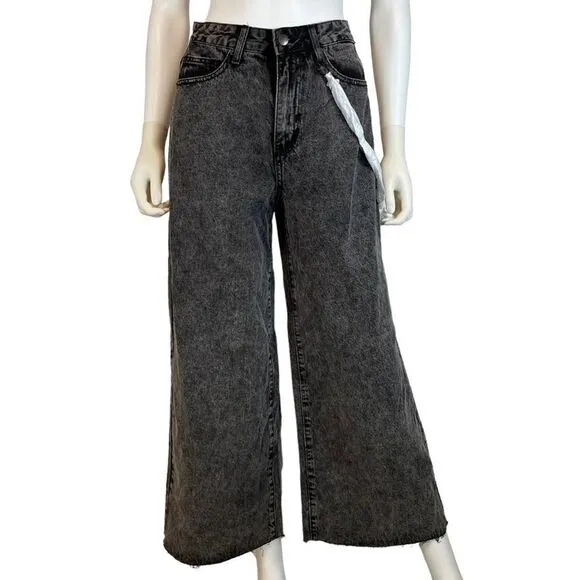 NWT American Bazi Y2K Wide Leg Cropped Denim Jeans Black Small