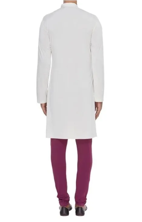 Off White Color Mandarin Collar Drape Kurta With Churidar Pajami