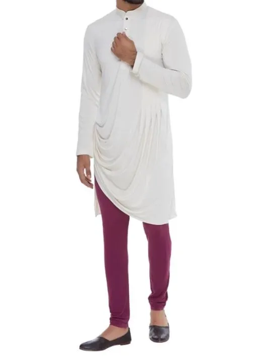 Off White Color Mandarin Collar Drape Kurta With Churidar Pajami