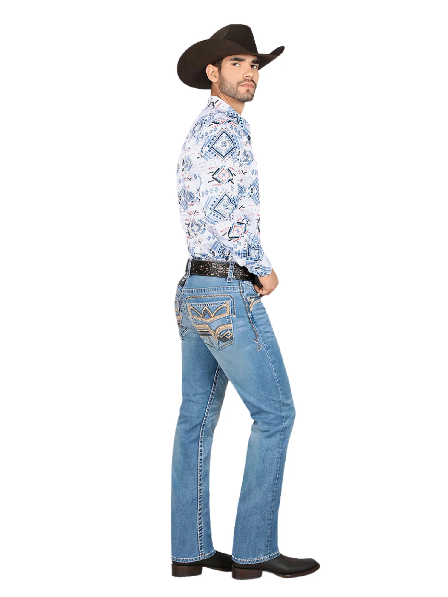 Pantalon Vaquero de Mezclilla Bordado Stretch Boot Cut para Hombre 'Montero' - ID: 4599