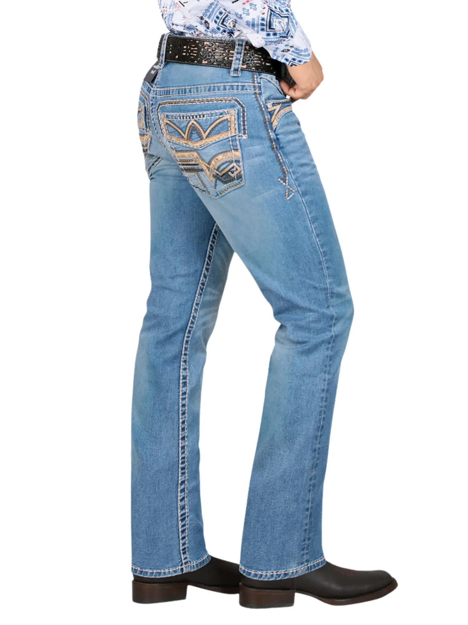 Pantalon Vaquero de Mezclilla Bordado Stretch Boot Cut para Hombre 'Montero' - ID: 4599