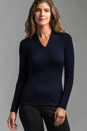 PAULA RYAN ESSENTIALS Slim Fit Long Sleeve High Neck V Top - Navy Merino