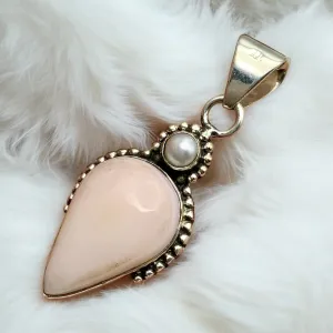 Pink Opal & Pearl Solid 925 Sterling Silver Pendant