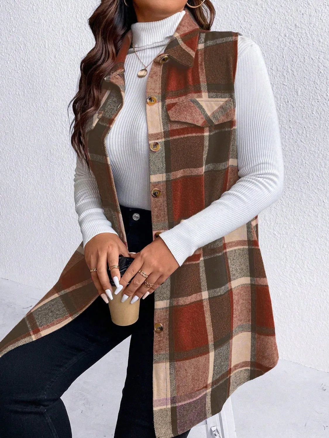 Plus Size Pocketed Plaid Button-Up Vest