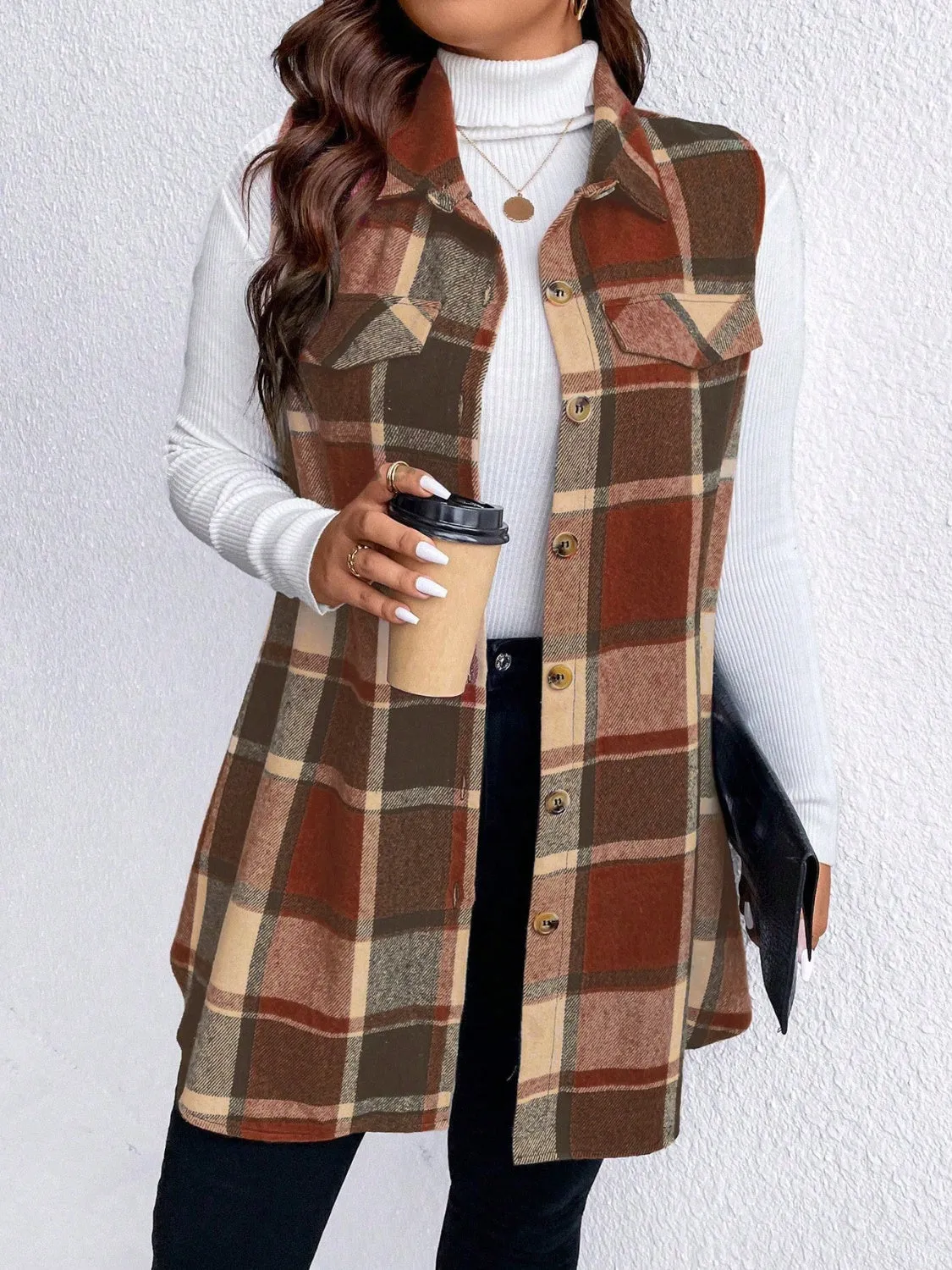 Plus Size Pocketed Plaid Button-Up Vest