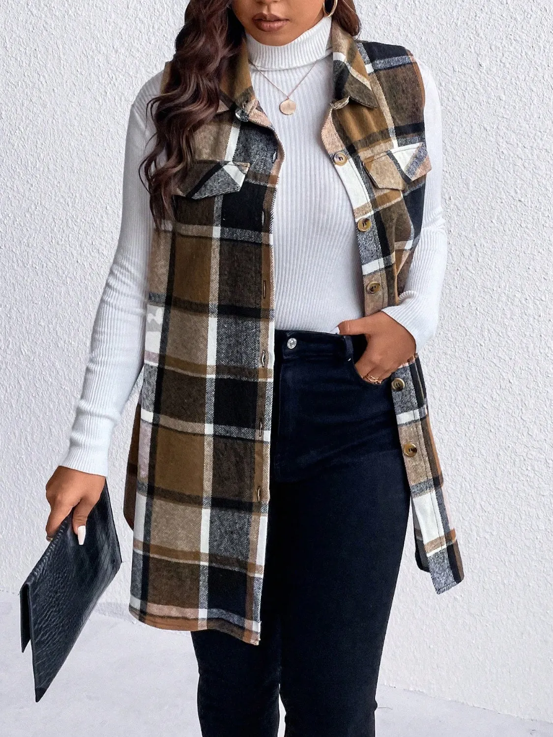 Plus Size Pocketed Plaid Button-Up Vest