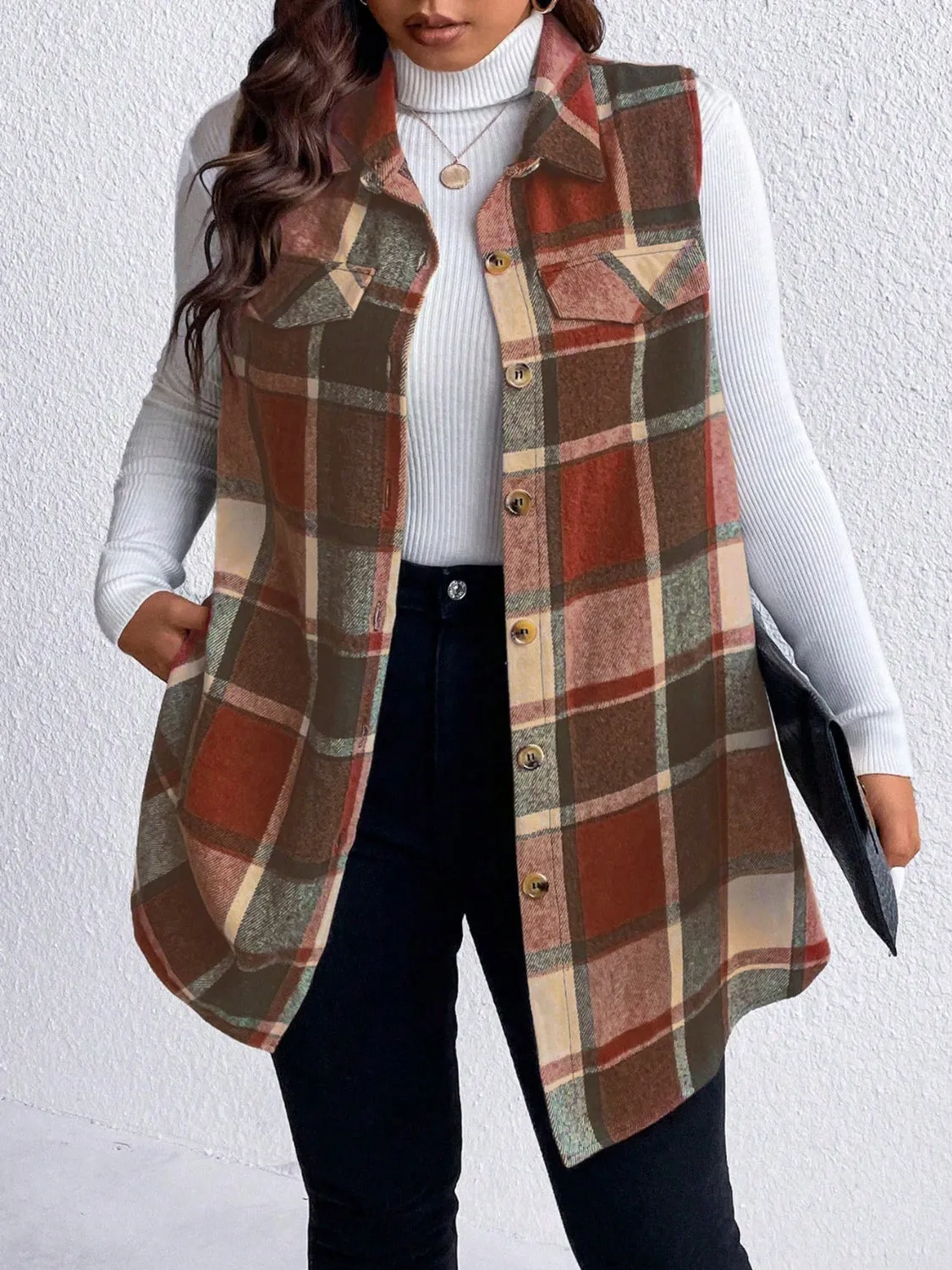 Plus Size Pocketed Plaid Button-Up Vest