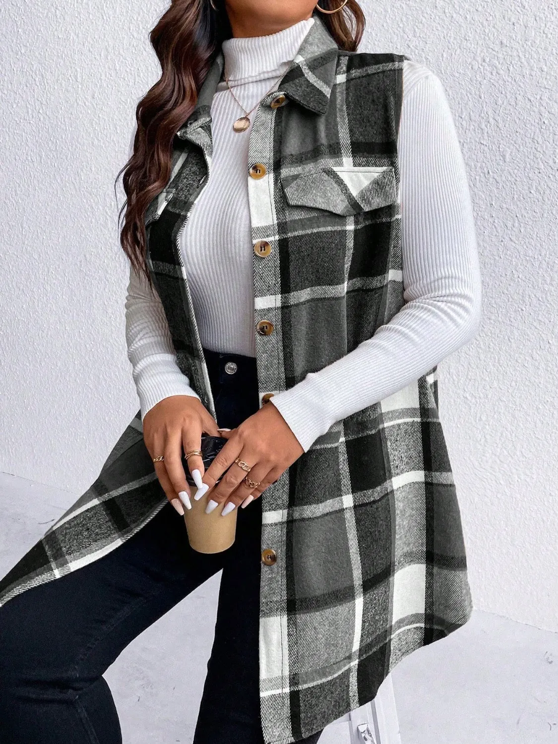 Plus Size Pocketed Plaid Button-Up Vest