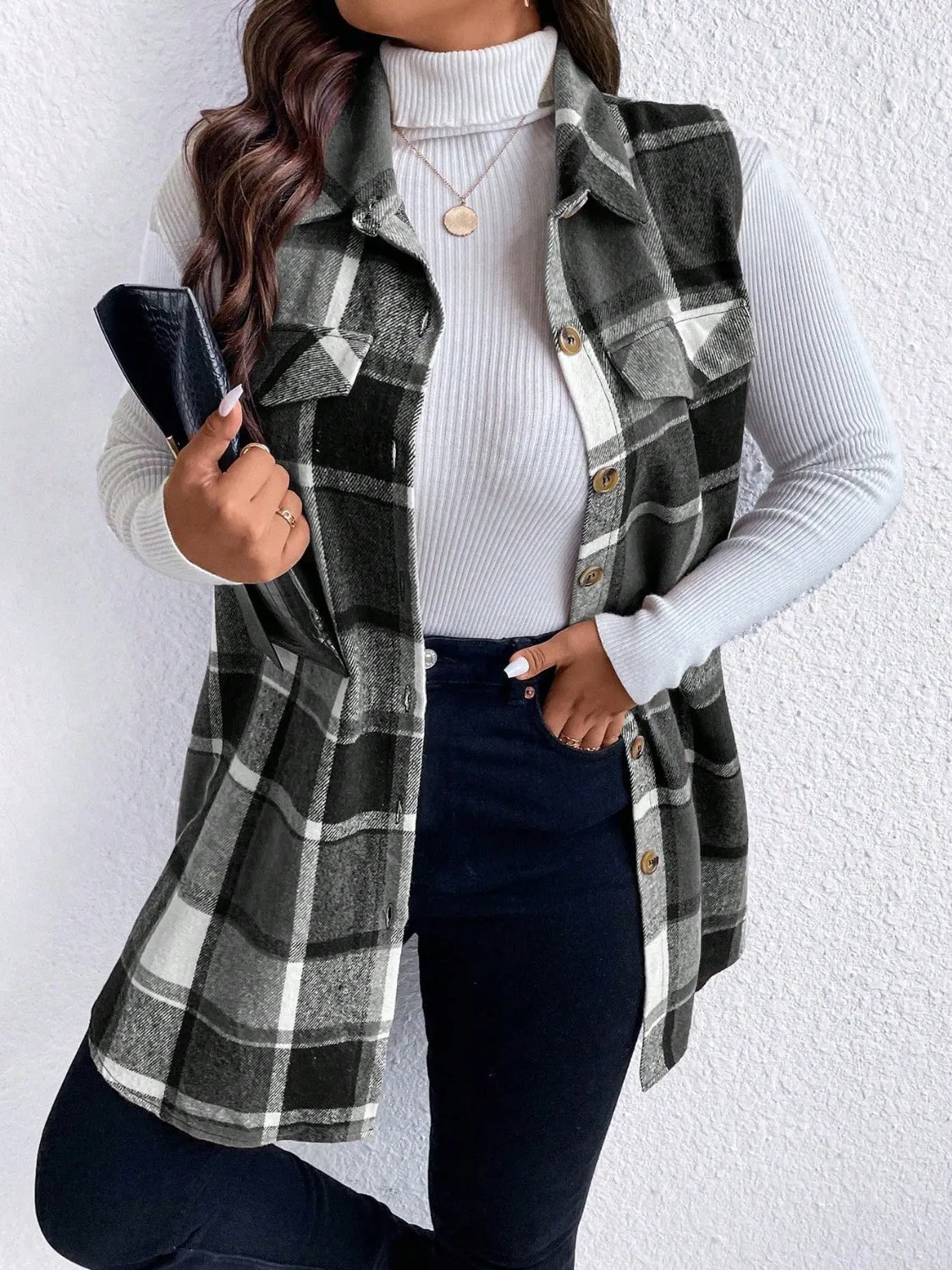 Plus Size Pocketed Plaid Button-Up Vest