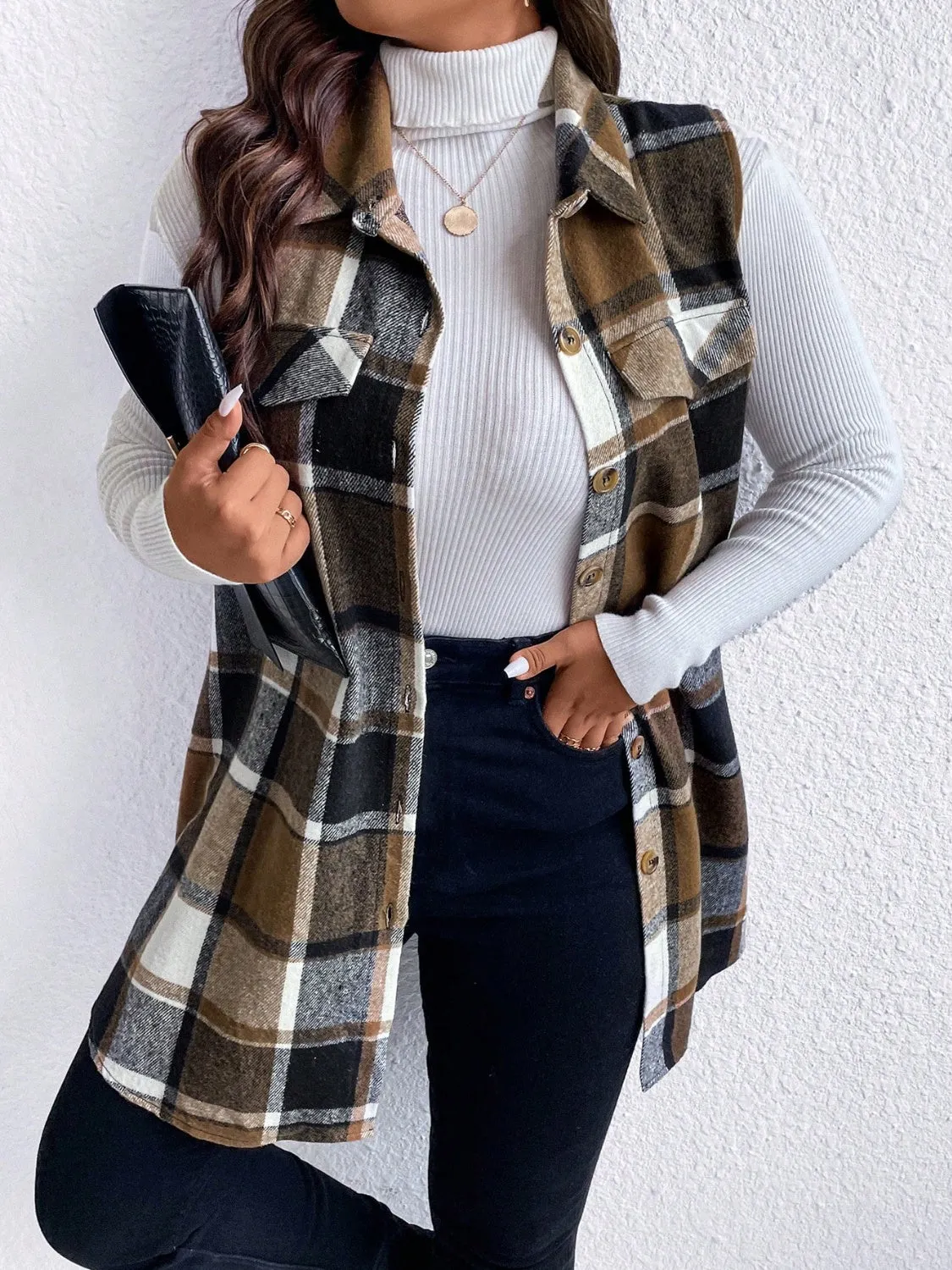 Plus Size Pocketed Plaid Button-Up Vest
