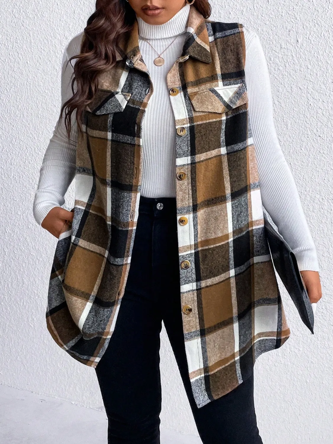 Plus Size Pocketed Plaid Button-Up Vest