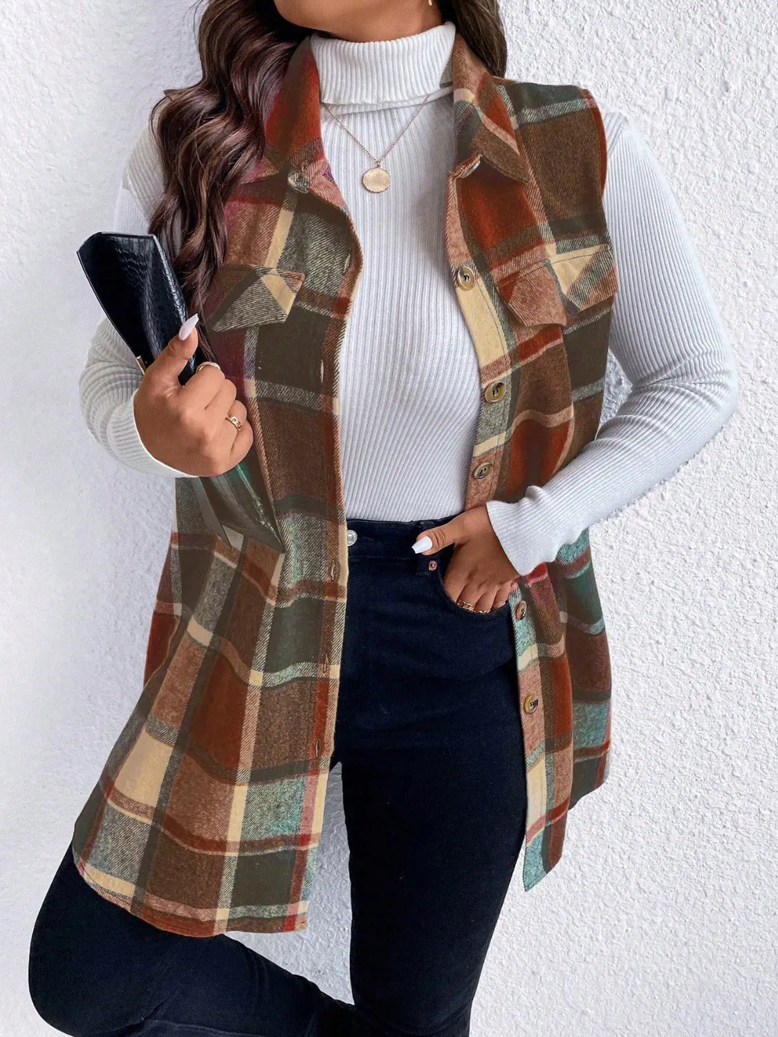 Plus Size Pocketed Plaid Button-Up Vest