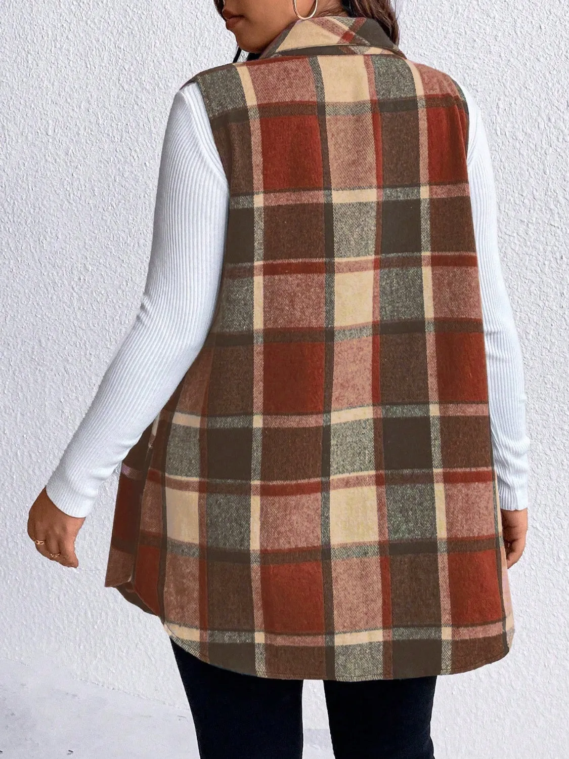 Plus Size Pocketed Plaid Button-Up Vest