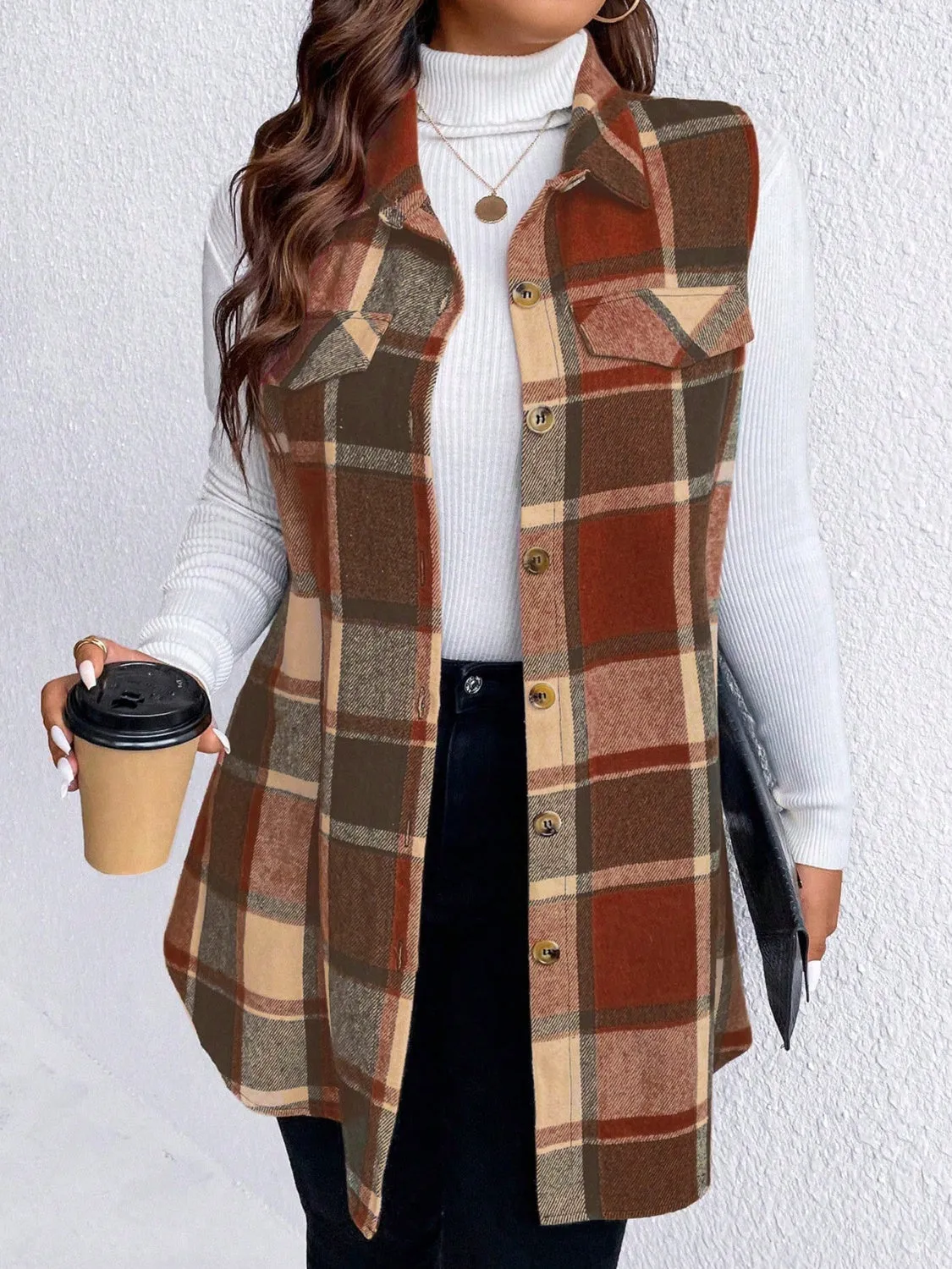 Plus Size Pocketed Plaid Button-Up Vest