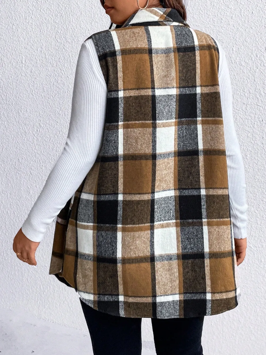 Plus Size Pocketed Plaid Button-Up Vest