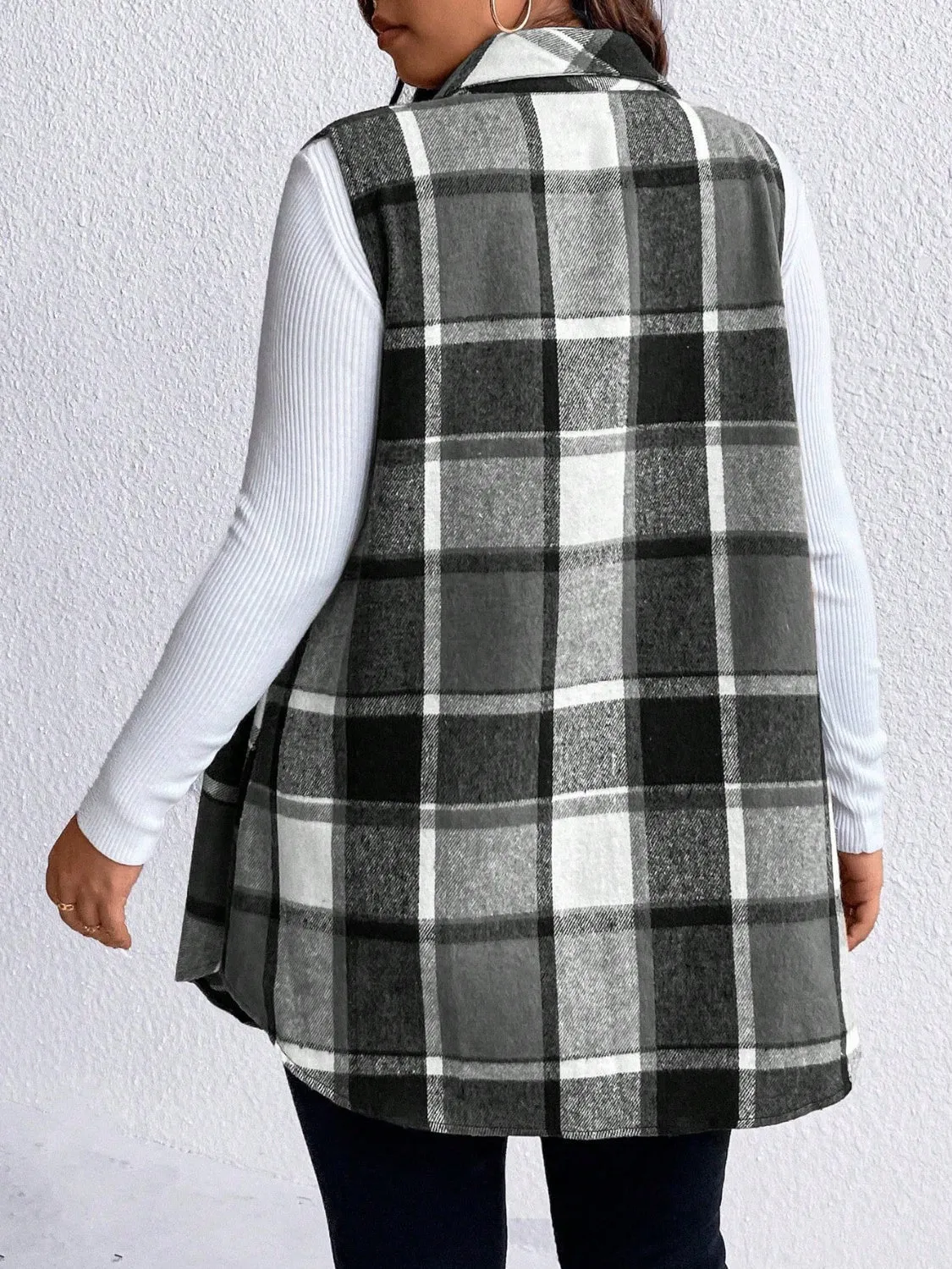 Plus Size Pocketed Plaid Button-Up Vest
