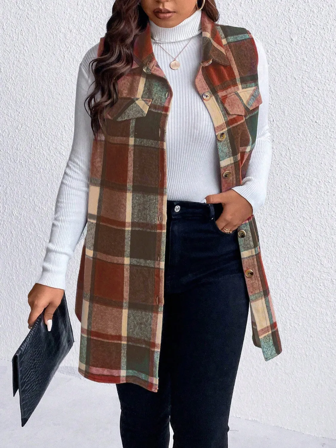 Plus Size Pocketed Plaid Button-Up Vest