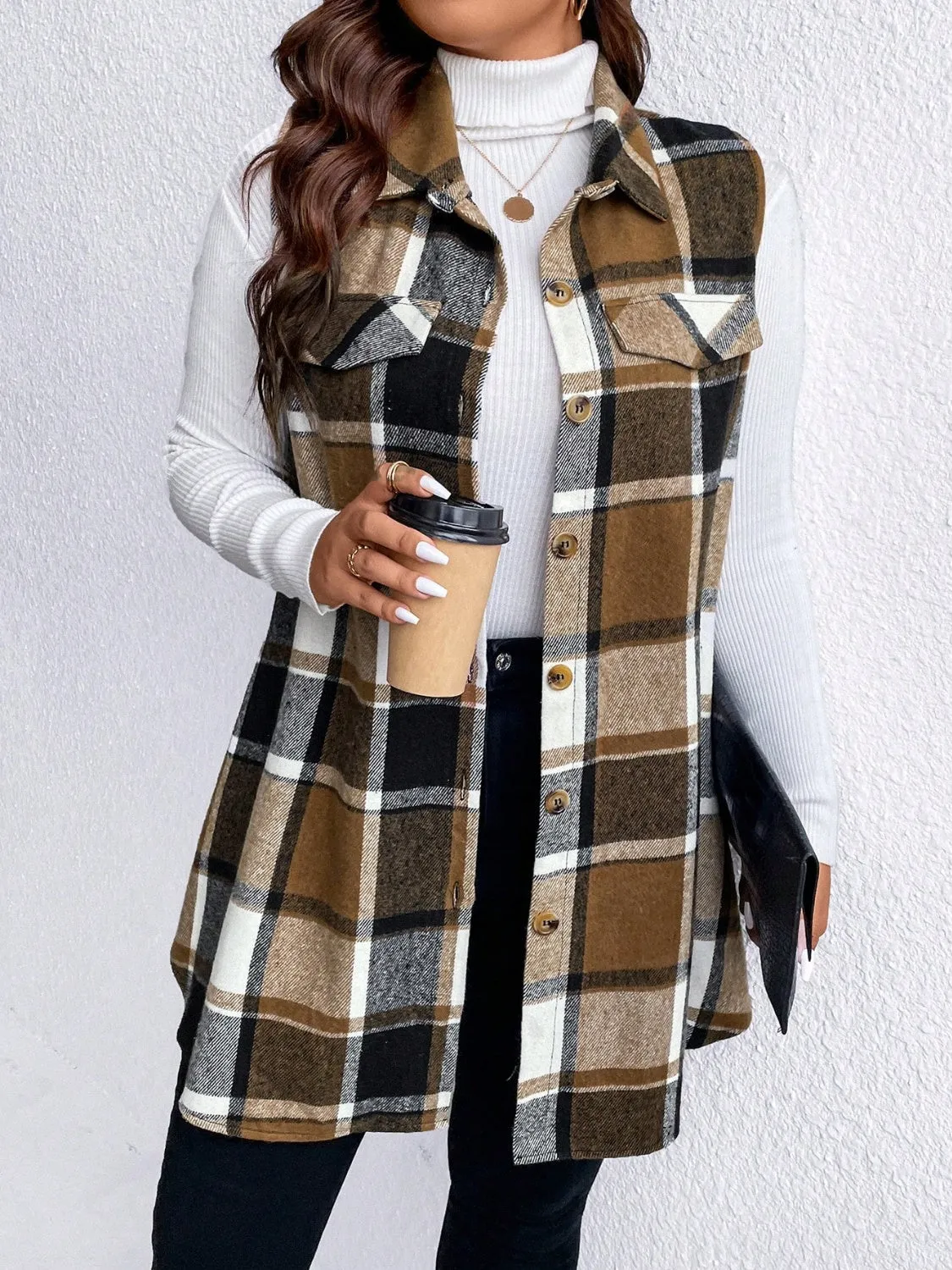 Plus Size Pocketed Plaid Button-Up Vest