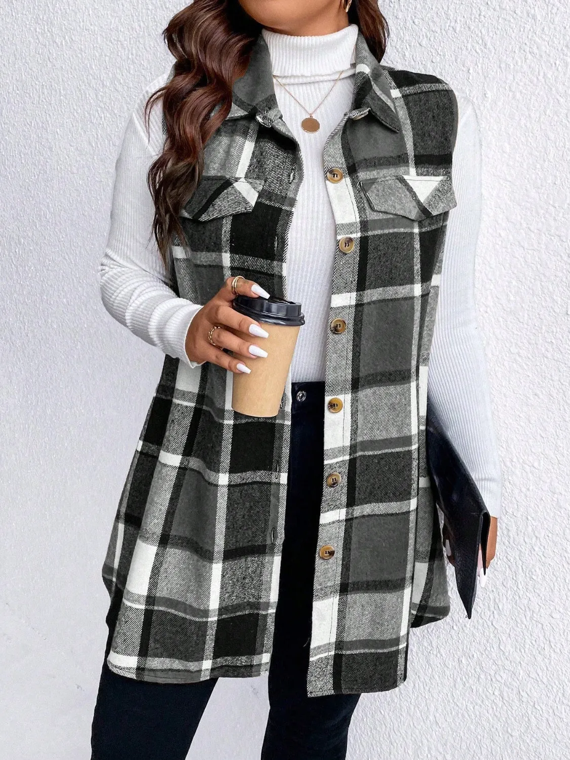 Plus Size Pocketed Plaid Button-Up Vest