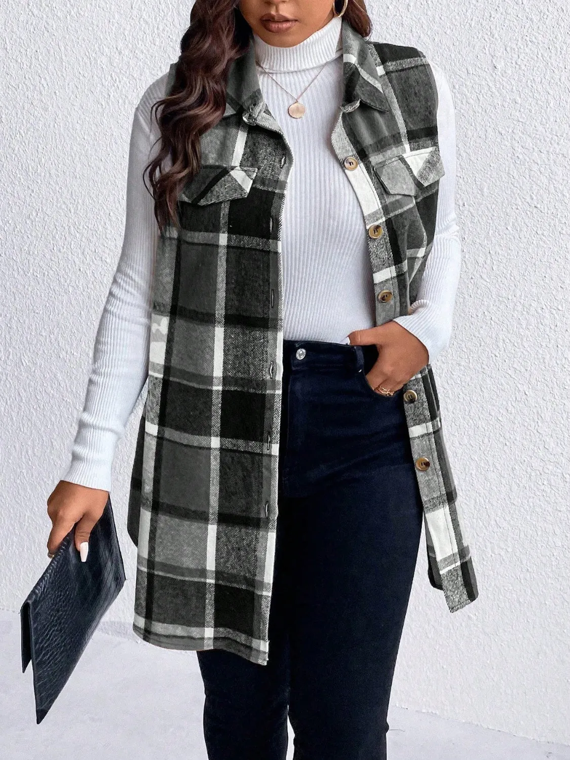 Plus Size Pocketed Plaid Button-Up Vest