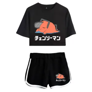 Pochita Cosplay Costume 3D Printed Crop Top T-shirt Shorts Set