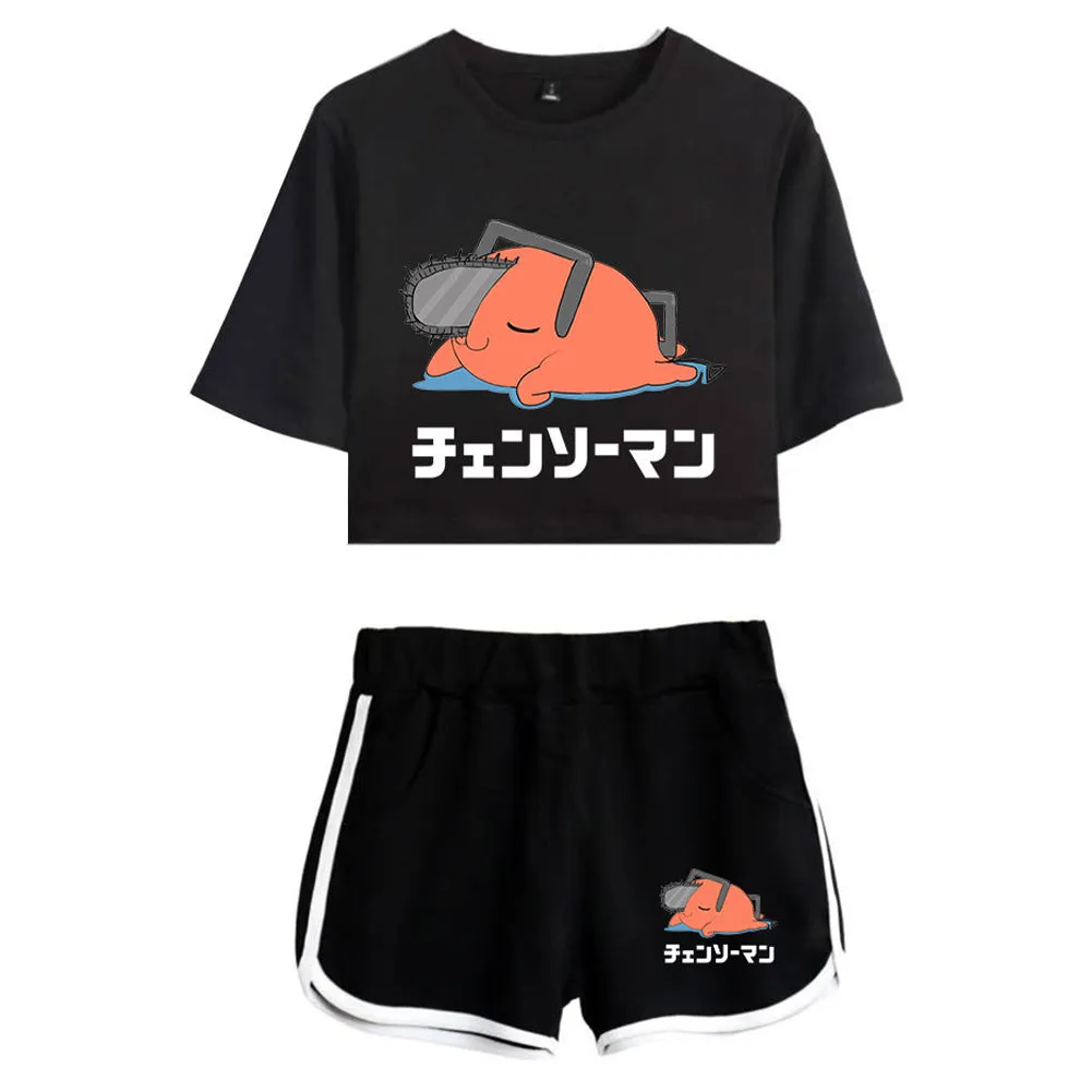 Pochita Cosplay Costume 3D Printed Crop Top T-shirt Shorts Set