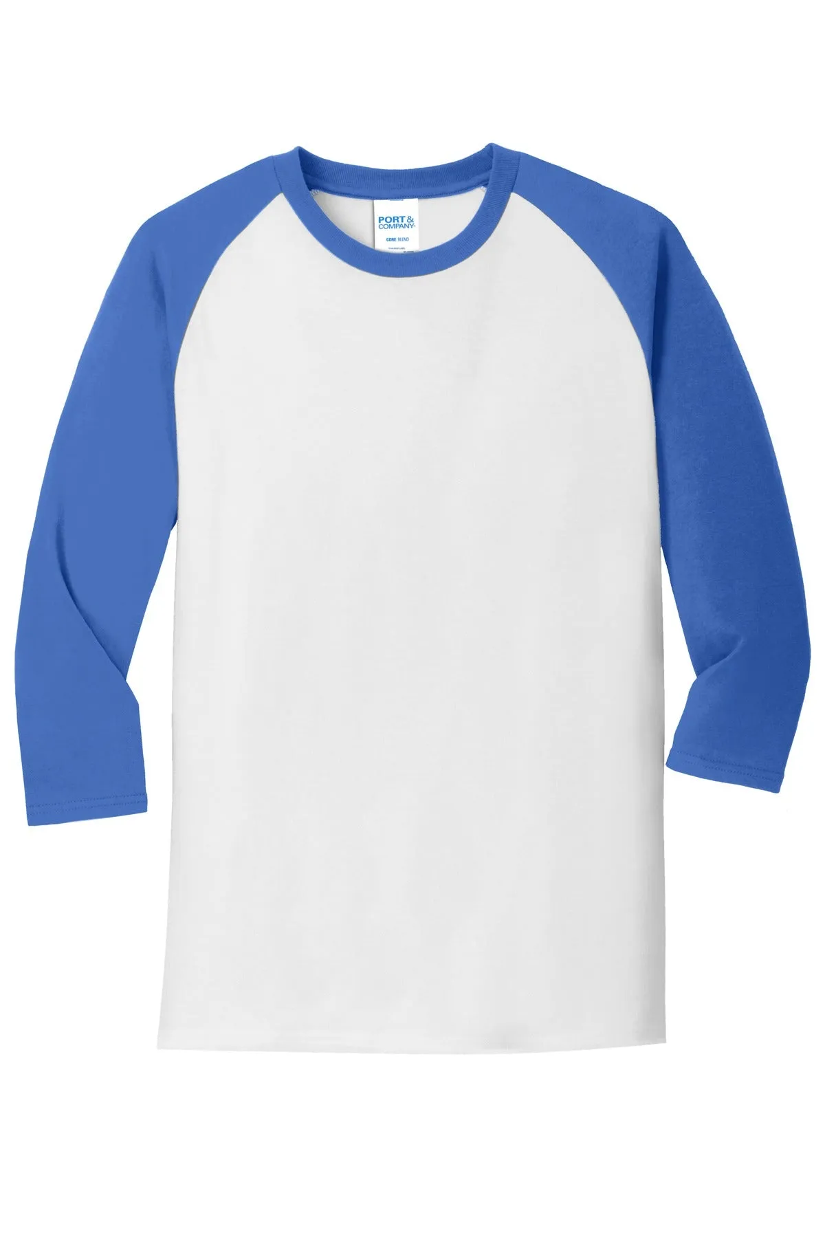 Port & Company Core Blend 3/4-Sleeve Raglan Tee. PC55RS White/ Royal
