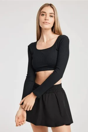 Ribbed Cropped Long Sleeve - Black