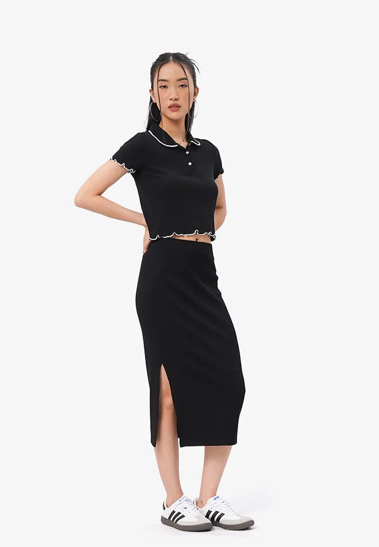 Ribbed Slit Midi Skirt