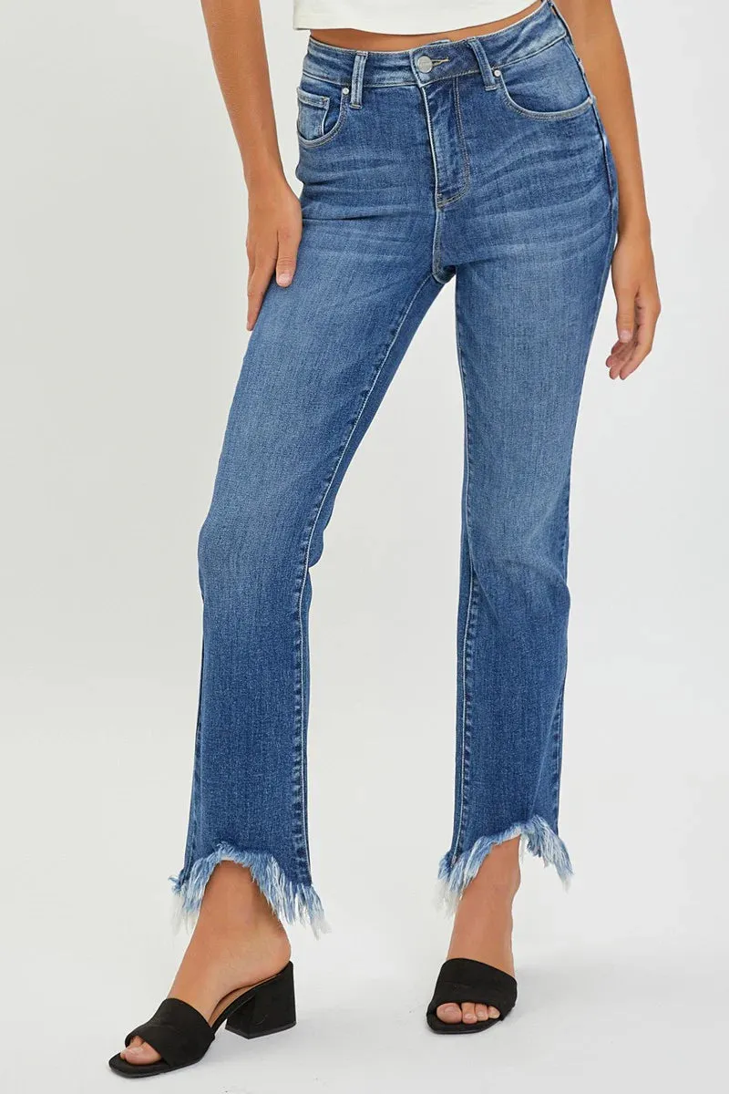 RISEN HIGH RISE FRAY HEM ANKLE BOOTCUT- MEDIUM COLOR