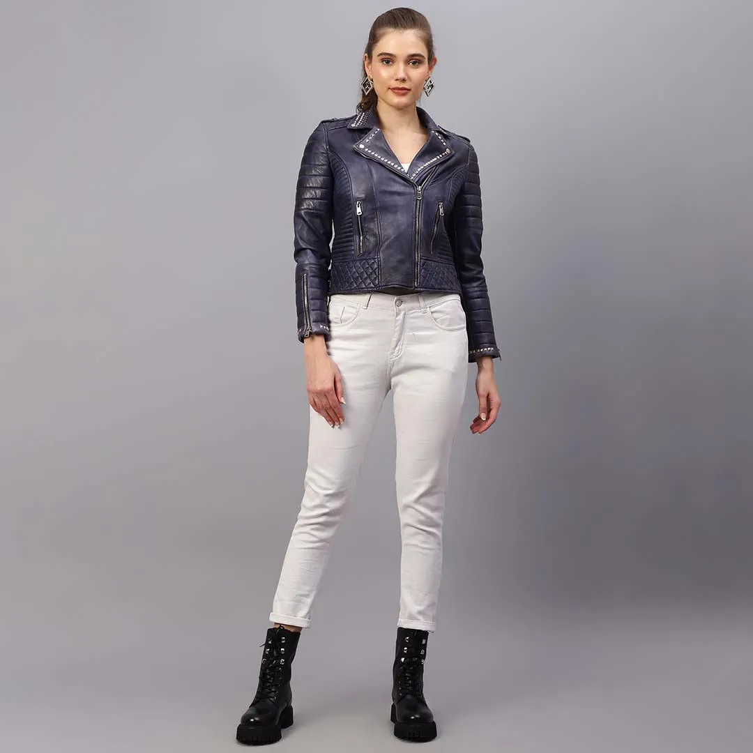 Saint Brielle Women Blue Leather Biker Style Jackets