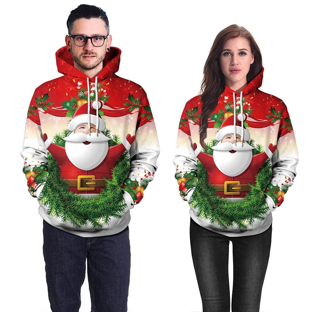 Santa Print Casual Pullover Hooded Sweater Jacket