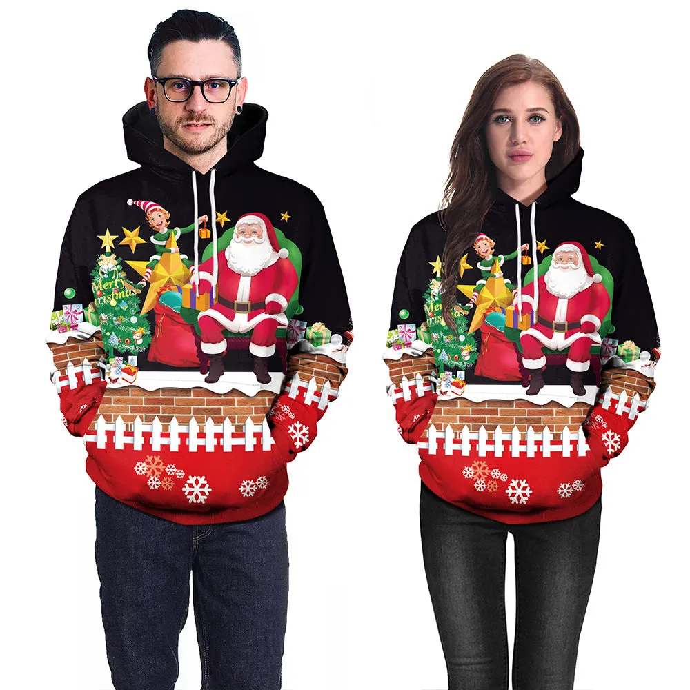 Santa Print Casual Pullover Hoodie Couple