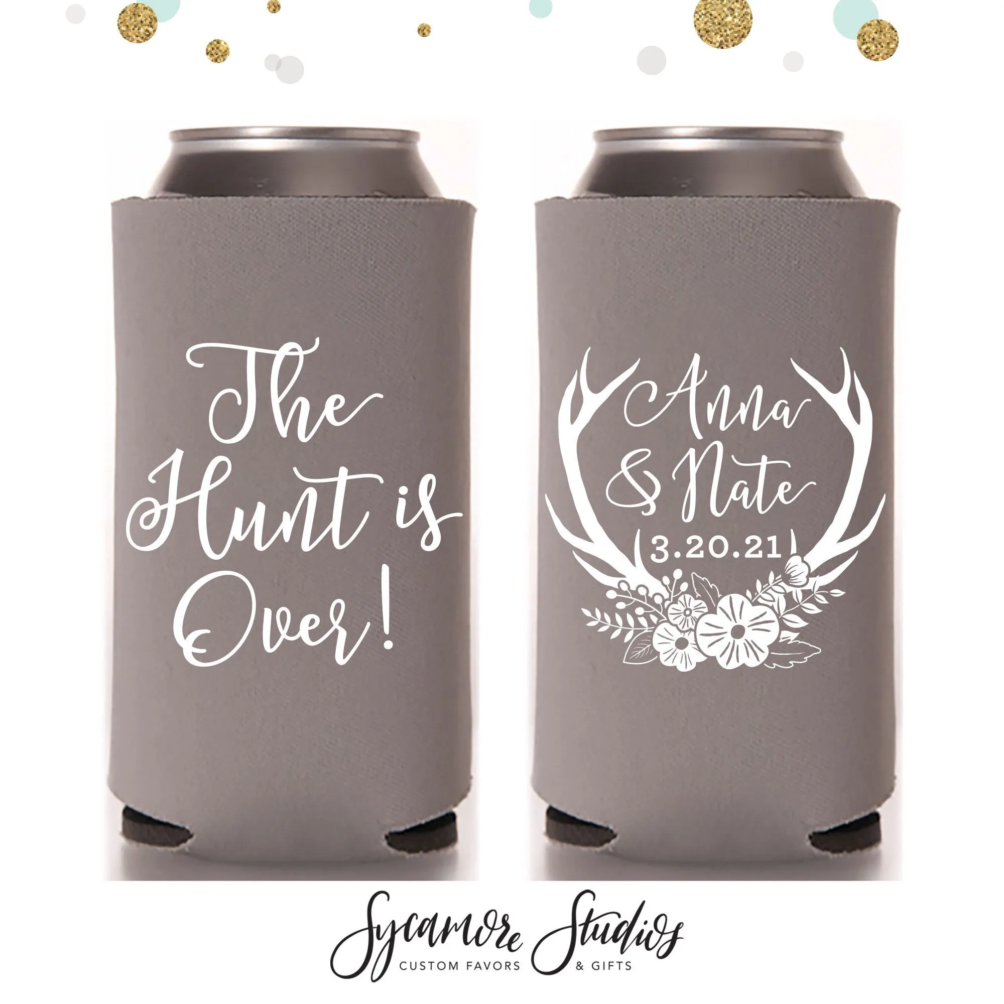 Slim 12oz Wedding Can Cooler #71S - The Hunt is Over