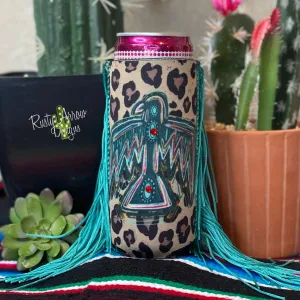 Slim Koozie Thunderbird Cheetah Fringe
