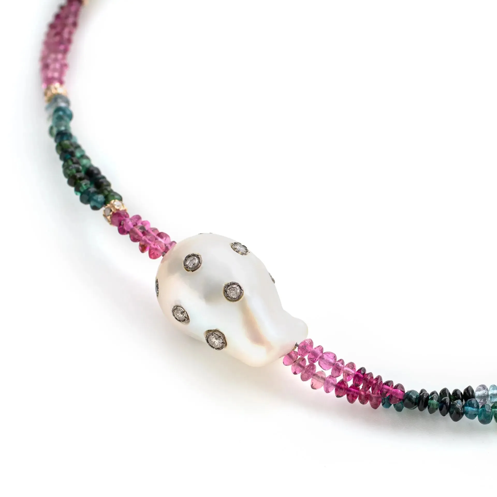 Smooth Multi Tourmaline Diamond Baroque Pearl Necklace