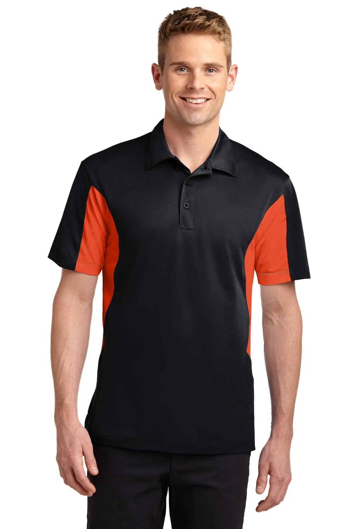 Sport-Tek Side Blocked Micropique Sport-Wick Polo. ST655 Black/ Deep Orange