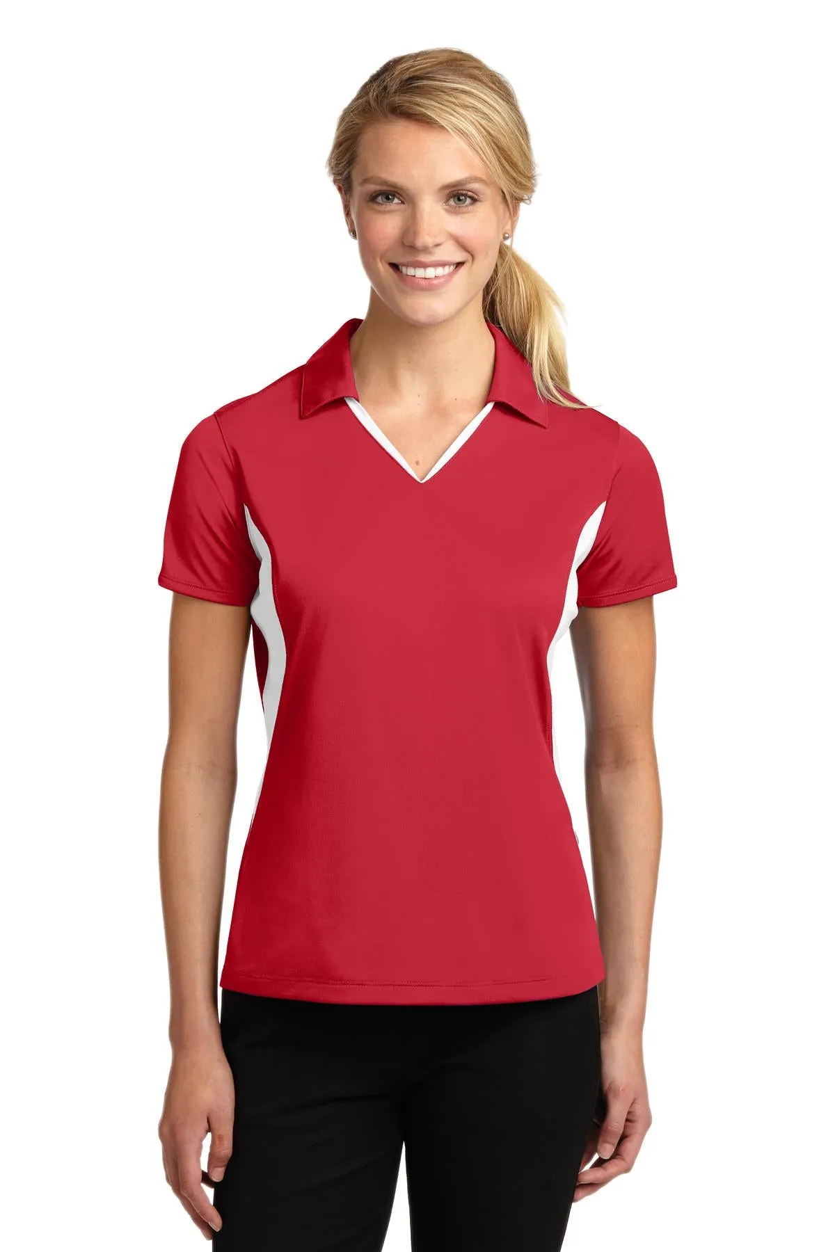Sport-Tek Women's Side Blocked Micropique Sport-Wick Polo. LST655 True Red/ White